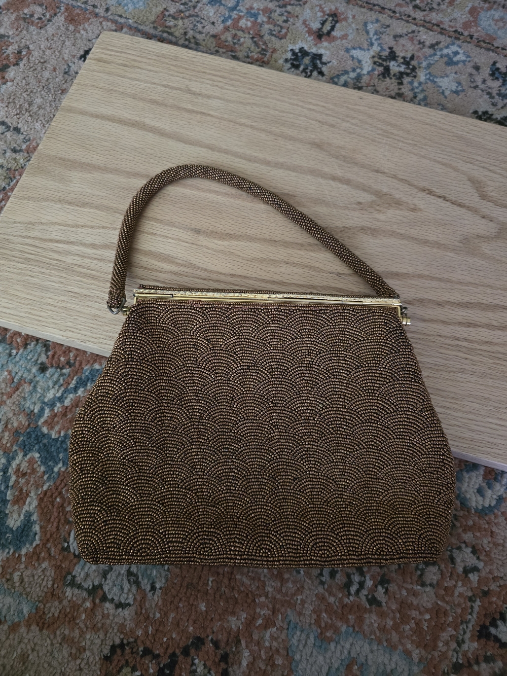 Vintage Brown Beaded Handbag with Gold Frame